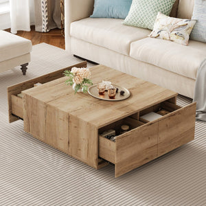 English Elm 33.25" Square Storage Coffee Table Four Drawer Matte Mdf Living Room Centerpiece Natural N735P422508N