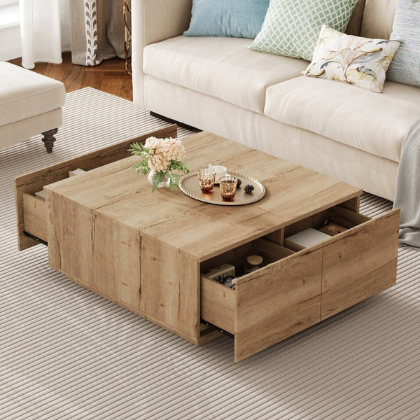 English Elm 33.25" Square Storage Coffee Table Four Drawer Matte Mdf Living Room Centerpiece Natural N735P422508N