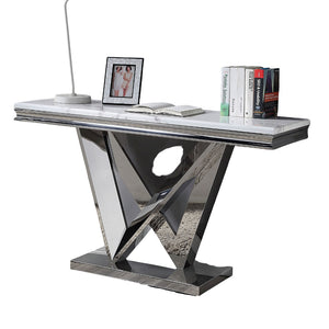 English Elm Glam Luxurious Sofa Table with Faux Marble Beveled Top and Curved Pedestal Base for Elegant Living Rooms Chrome 59 L x 20 W x 4 H B2741S00435