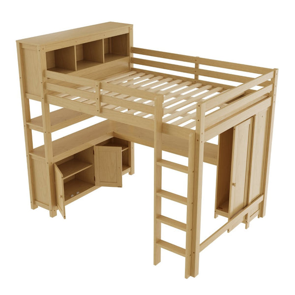 English Elm Full Size Pine Loft Bed House Frame with Slide Bookshelves and Moon Star Rails W1580S00163