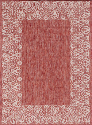 Unique Loom Outdoor Border Floral Border Machine Made Floral Rug Rust Red, Ivory 7' 1" x 10' 0"