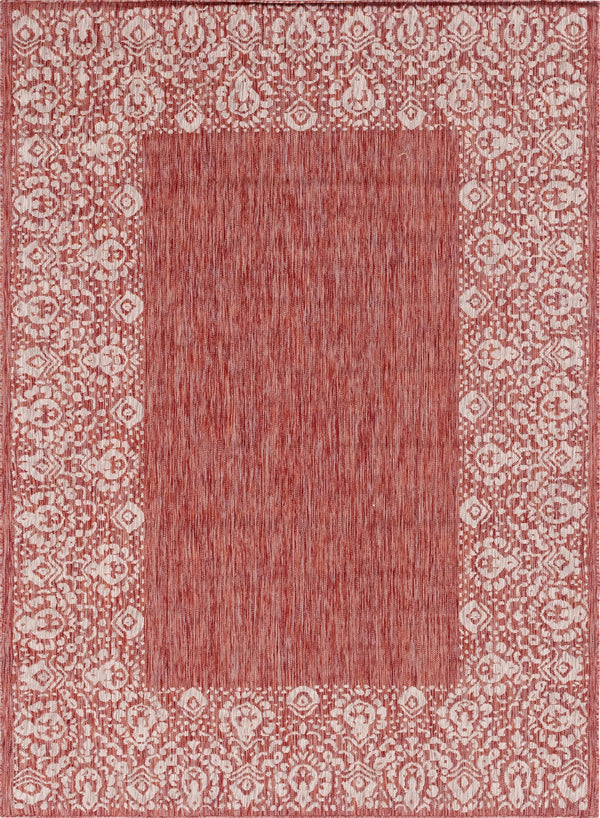 Unique Loom Outdoor Border Floral Border Machine Made Floral Rug Rust Red, Ivory 7' 1" x 10' 0"