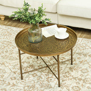 English Elm HOMCOM Vintage 24" Round Coffee Table with Hammered Floral Tray Top, Gold Metal Frame, Stable Chic W2225P200420
