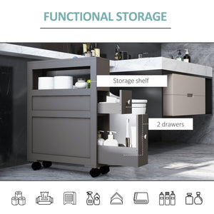 English Elm HOMCOM Slim Rolling Bathroom Storage Cabinet 6.25" W x 28.25" H Gray MDF, 2 Drawers & Shelf, Locking Wheels, 45 lb Capacity W2225P200615