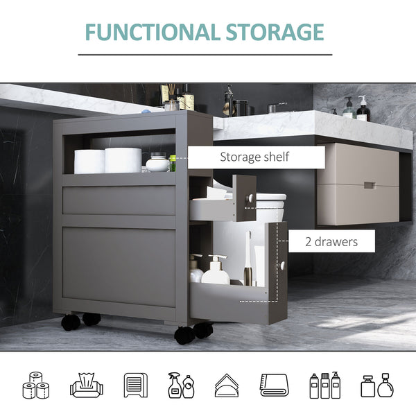 English Elm HOMCOM Slim Rolling Bathroom Storage Cabinet 6.25" W x 28.25" H Gray MDF, 2 Drawers & Shelf, Locking Wheels, 45 lb Capacity W2225P200615