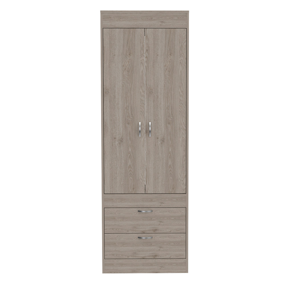 English Elm Lisboa armoire with rod and two roomy drawers, double-door storage cabinet with sleek metal pulls and modern flair Light Gray 74 L x 23 W x 4 H B200P242410