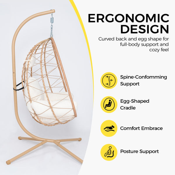 English Elm Hanging Egg Swing Chair Pe Wicker Foldable Frame with Cushion for Patio or Bedroom T5880P497565