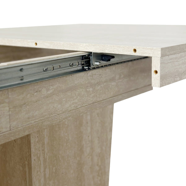 English Elm Rectangular extendable dining table with veined travertine top, beige MDF, sturdy wide feet, 6-10 seats W1347S00018