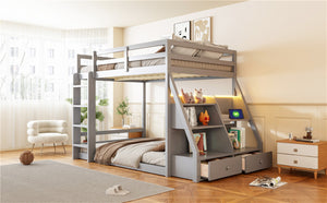 English Elm Full Bunk Bed with App Led Lighting Usb Charging Storage Drawers Kids Bedroom Gray N820S00080E