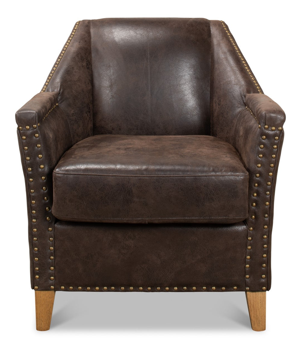Sarreid Granville Leather Chair - Luxurious Antiqued Pigskin, American Oak Frame, Elegant Coffee Finish Brown  29607