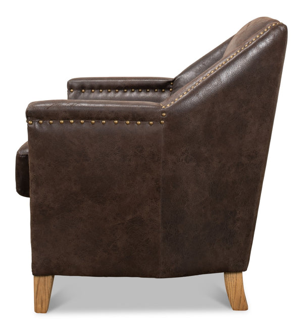 Sarreid Granville Leather Chair - Luxurious Antiqued Pigskin, American Oak Frame, Elegant Coffee Finish Brown  29607