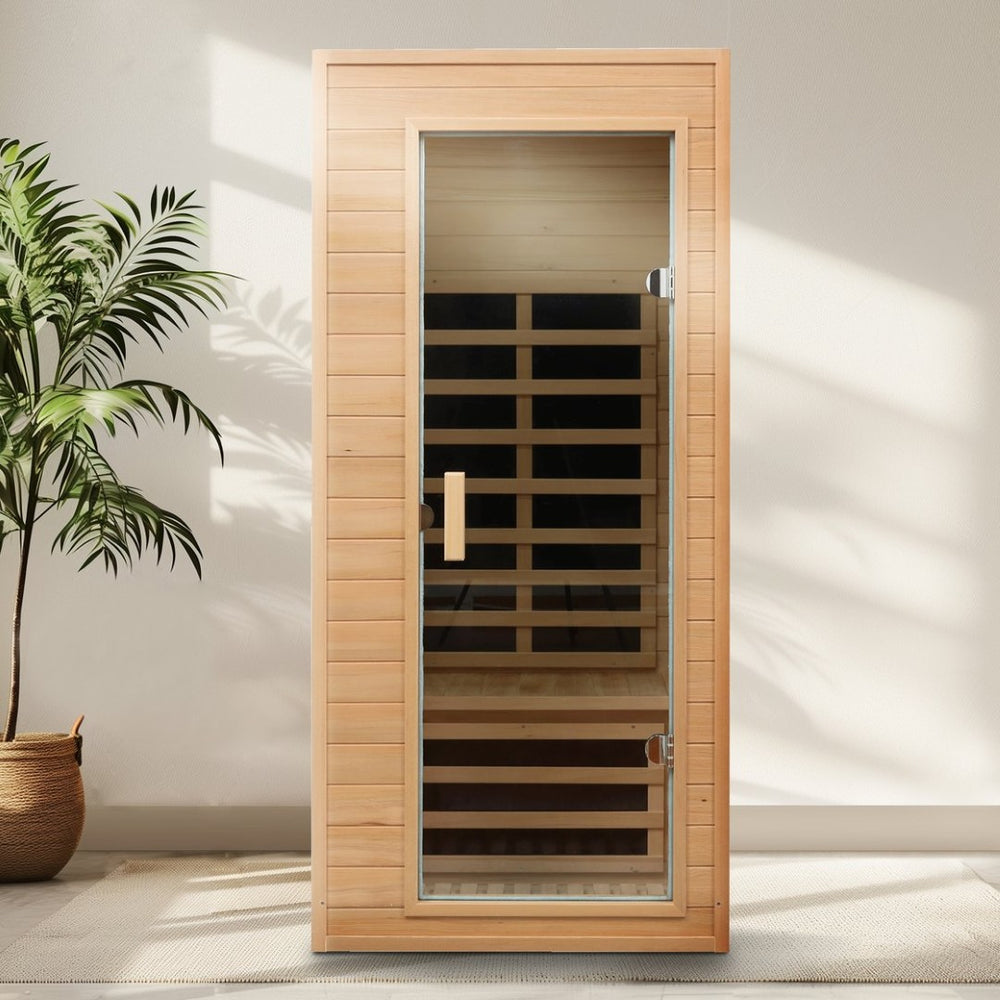 English Elm Hemlock Single Infrared Sauna with Roof Heaters Tempered Glass Door and Led Light W632S00011