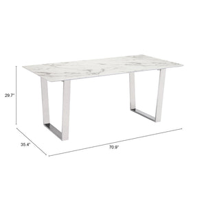 Homeroots 71" White And Silver Marble And Steel Sled Base Dining Table   296147