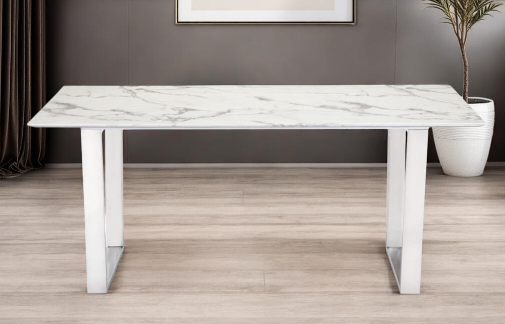 HomeRoots 71" Modern White Marble & Silver Steel Sled Base Dining Table - Elegant, Durable, Seats 6 Comfortably 296147