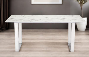 HomeRoots 71" Modern White Marble & Silver Steel Sled Base Dining Table - Elegant, Durable, Seats 6 Comfortably 296147