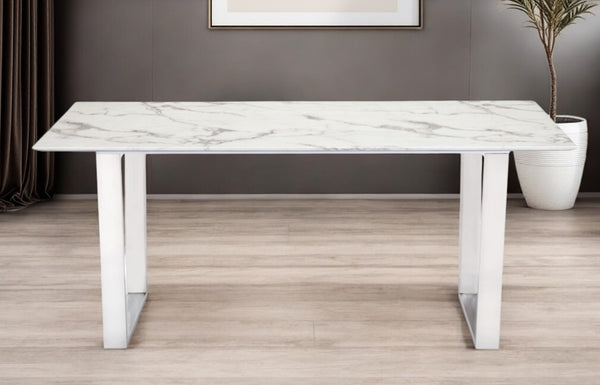 HomeRoots 71" Modern White Marble & Silver Steel Sled Base Dining Table - Elegant, Durable, Seats 6 Comfortably 296147