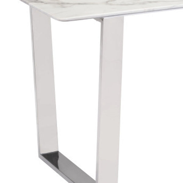 Homeroots 71" White And Silver Marble And Steel Sled Base Dining Table   296147