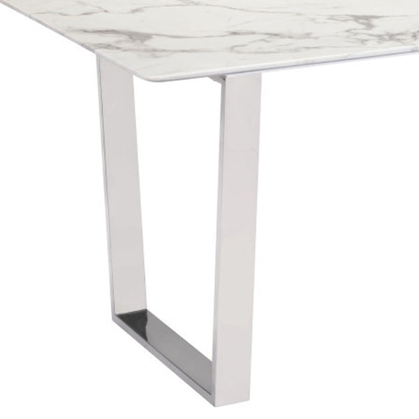 Homeroots 71" White And Silver Marble And Steel Sled Base Dining Table   296147