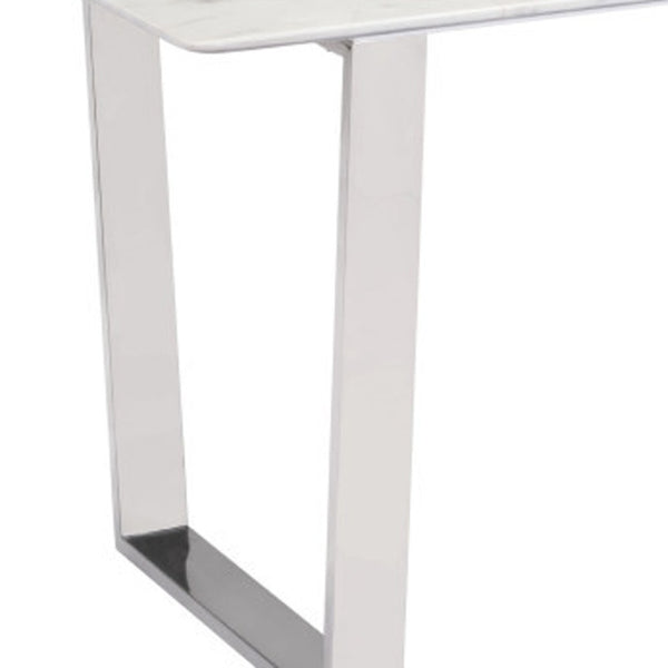 HomeRoots 71" Modern White Marble & Silver Steel Sled Base Dining Table - Elegant, Durable, Seats 6 Comfortably 296147