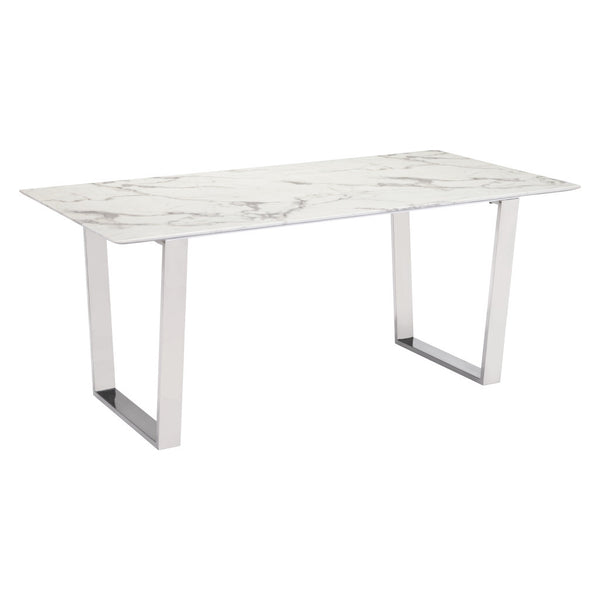 Homeroots 71" White And Silver Marble And Steel Sled Base Dining Table   296147