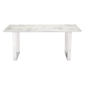 Homeroots 71" White And Silver Marble And Steel Sled Base Dining Table   296147