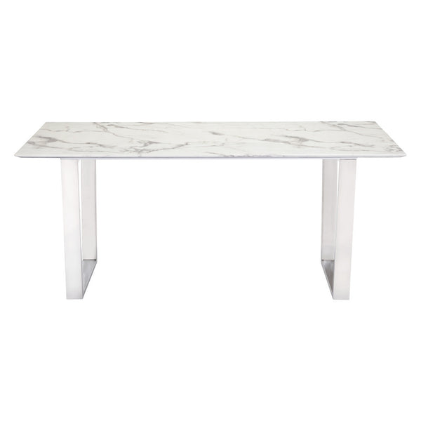 Homeroots 71" White And Silver Marble And Steel Sled Base Dining Table   296147