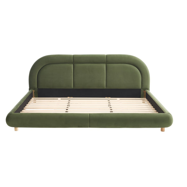 English Elm King Curved Velvet Upholstered Low Profile Platform Bed Sculpted Headboard Modern Green W5632P452163