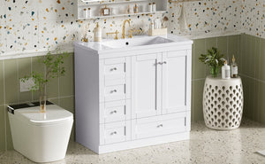 English Elm 36 Inch Shaker Bathroom Vanity with Resin Sink Four Soft Close Drawers Mdf Cabinet White N729P000028K