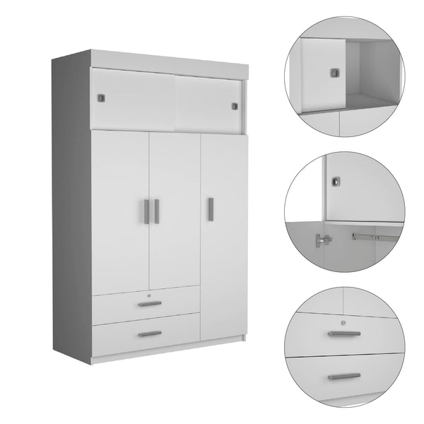 English Elm Tucson White Armoire with Hanging Rod & 2 Large Bottom Drawers, Compact 3-Door Wardrobe Design B128S00095