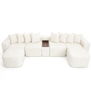 English Elm [new U-shaped Corduroy Sectional with Usb Charging Console and Movable Modules Beige W2108S00176