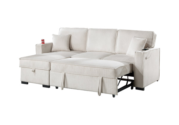 English Elm Convertible Corduroy Sectional Sofa with Reversible Chaise, Hidden Storage, USB Port & Pull-Out Bed Beige 60 L x 30 W x 19 H B011S01244