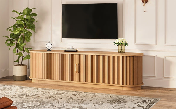 English Elm Vintage Farmhouse Media Console with Slatted Sliding Doors and Brass Hardware for Living Room Natural N721P427206D