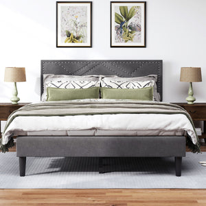 English Elm Queen Linen Storage Bed Frame with Quiet Rubberwood Headboard, No Box Spring, Easy Assembly Carbon Gray W2896P208861