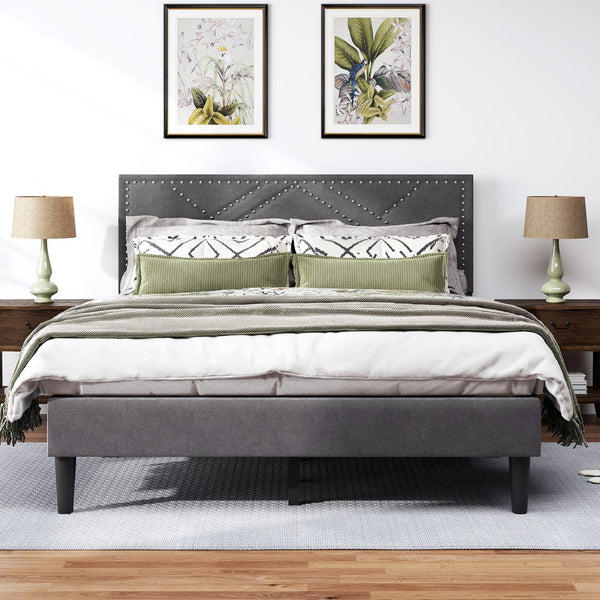 English Elm Queen Linen Storage Bed Frame with Quiet Rubberwood Headboard, No Box Spring, Easy Assembly Carbon Gray W2896P208861