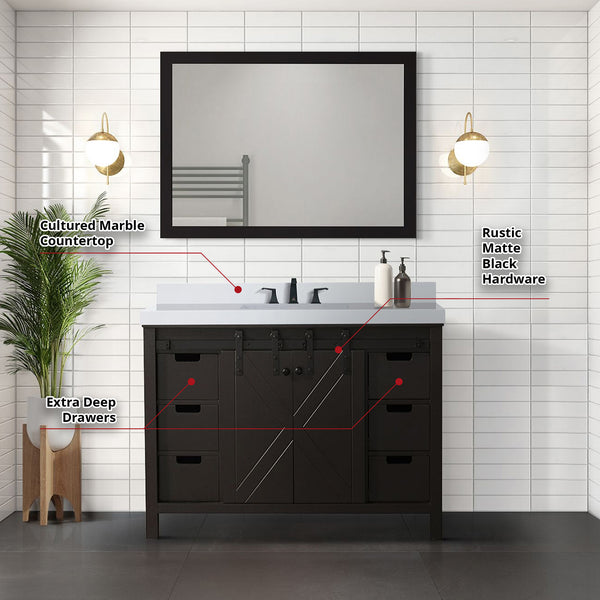 English Elm Brown Bath Vanity 48" W x 22" D with Cultured Marble Top, Matte Black Faucet & 44" Mirror, Durable B2731S01339