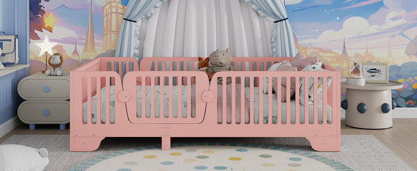 English Elm Twin Montessori Floor Bed with Safety Rails Hinged Door and Plywood Slats for Kids Pink W2593P381410