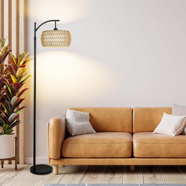 English Elm Arc Floor Lamp With Remote Control – Dimmable Led, Adjustable Height & Stylish Rattan Shade For Home W2738P185401