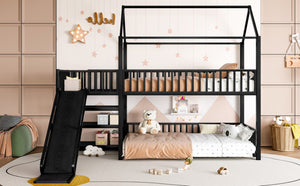 English Elm Full Metal House Bunk Bed with Slide Storage Stairs and Safety Rails for Kids W1580S00344