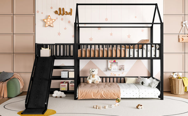 English Elm Full Metal House Bunk Bed with Slide Storage Stairs and Safety Rails for Kids W1580S00344