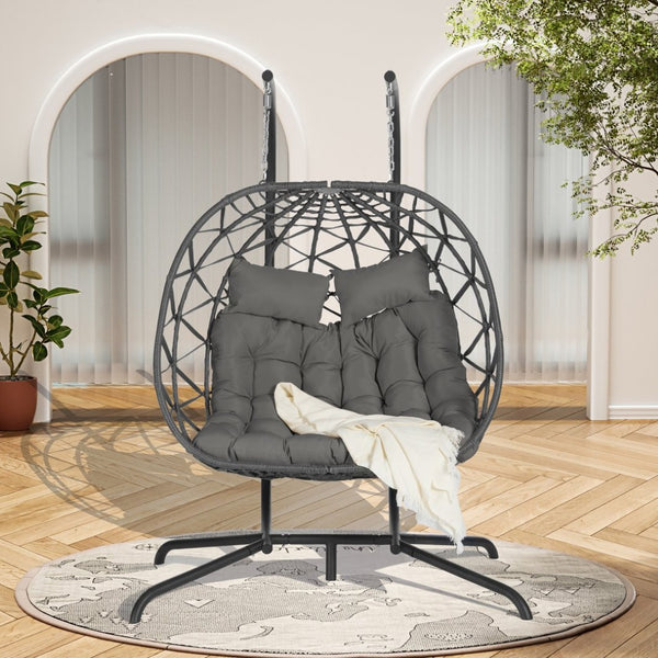 English Elm Double Hanging Egg Chair Wicker Freestanding Swing Seat for Patio Balcony Bedroom W874P270571
