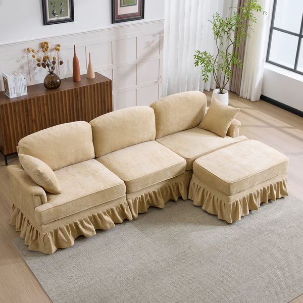 English Elm 103.15'' Chenille L-shaped Sectional Sofa with Detachable Pleated Skirt and Ottoman Khaki W3612S00045
