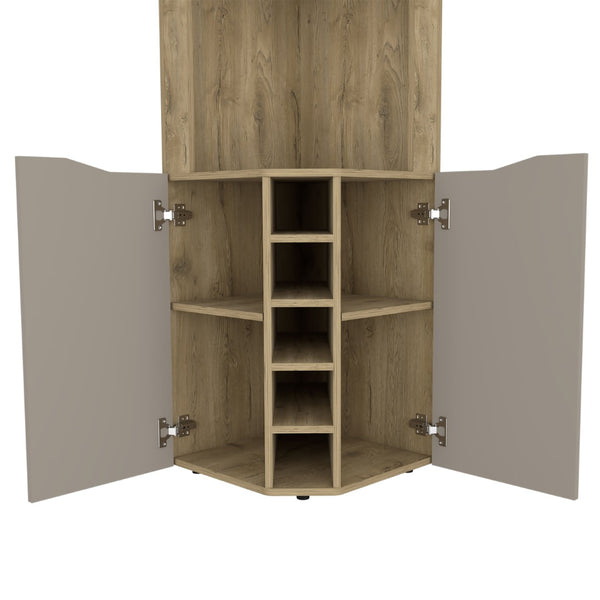 English Elm Grace Corner Bar Cabinet with Wine Rack Stemware Hanging and Concealed Shelving Storage B128S00214