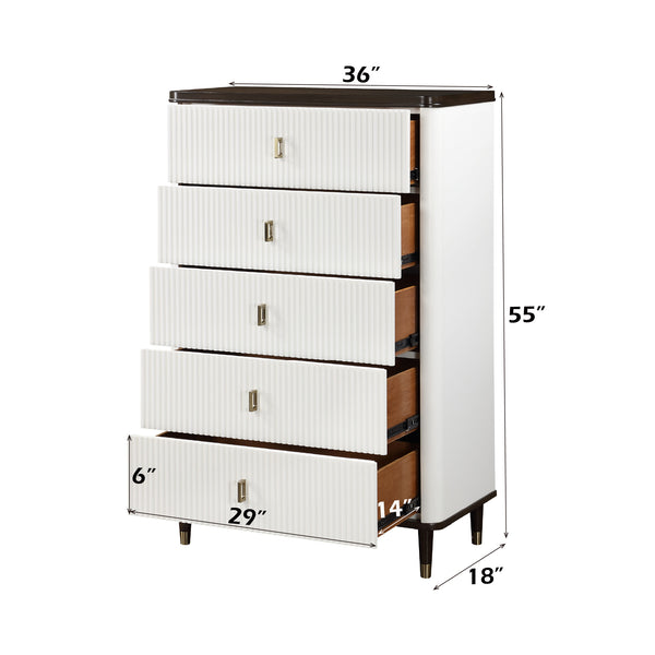 English Elm Carena E.King 5-Piece Bedroom Set in Brown/Gray/White – Upholstered Bed, Dresser, Chest, Mirror, Nightstand B2726S00445