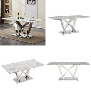 English Elm Marble Dining Table For 6-8 People, Modern Rectangle Faux Marble Top With Stylish Stainless Steel Base W3456S00050