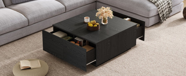 English Elm 33.25" Square Storage Coffee Table Four Drawer Matte Mdf Living Room Centerpiece Black N735P422508B