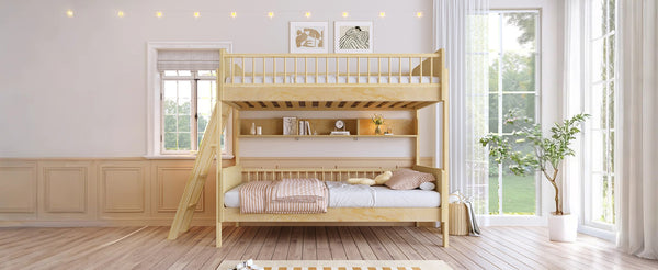 English Elm Twin Over Solid Wood Bunk Bed with Built in Shelves and Reversible Ladder N7090002224N