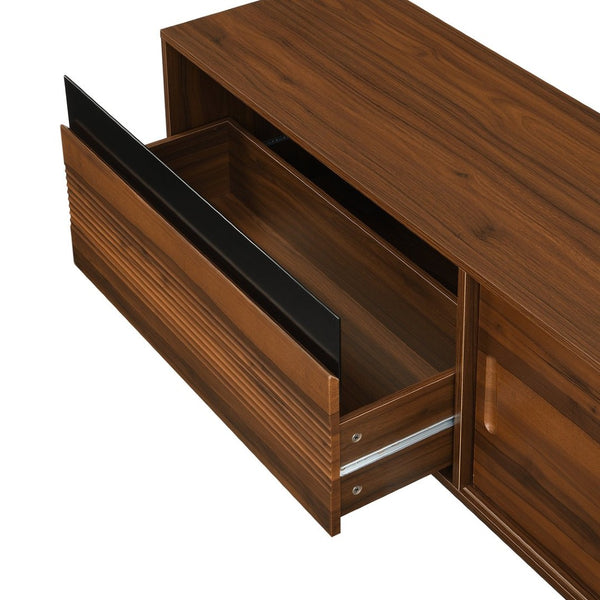 English Elm U-can Mid Century Walnut Media Console with Sliding Doors and Metal Frame for Living Rooms Brown N724P360370D