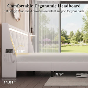 English Elm Full Platform Bed Faux Leather Diamond Tufted Headboard Led Lighting Charging Station White W5722P462371