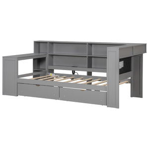 English Elm Wood Twin Size Platform Bed With Storage, Usb Charging, Desk, Led Lighting & Upholstered Headboard N7090001046E-GIGA