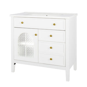 English Elm 35.6" Freestanding Bathroom Vanity with Roman Column Base and Ceramic Integrated Sink White W1801S00011